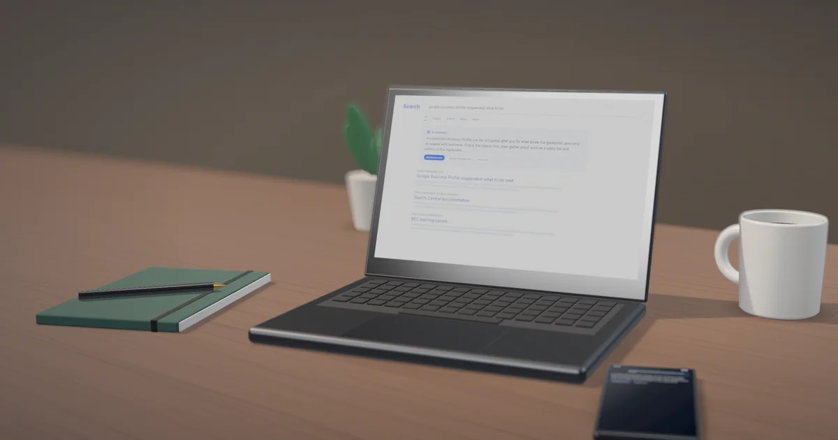 A laptop showing search results and an AI summary for the question google business profile suspended what to do, with a phone showing the same question asked to an AI assistant